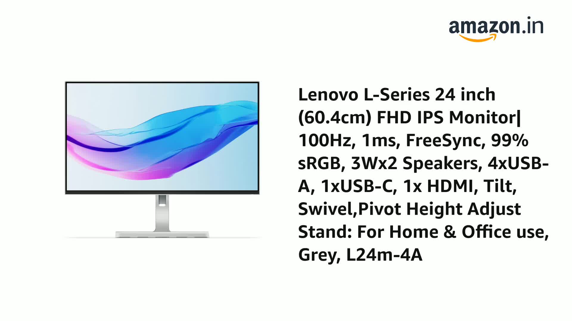 Lenovo L-Series 24 inch (60.4cm) FHD IPS Monitor| 100Hz, 1ms