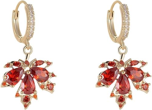 GBAHFY Rhinestone Red Maple Leaf Hoop Earrings Sparkling Crystal Maple Leaf Dang