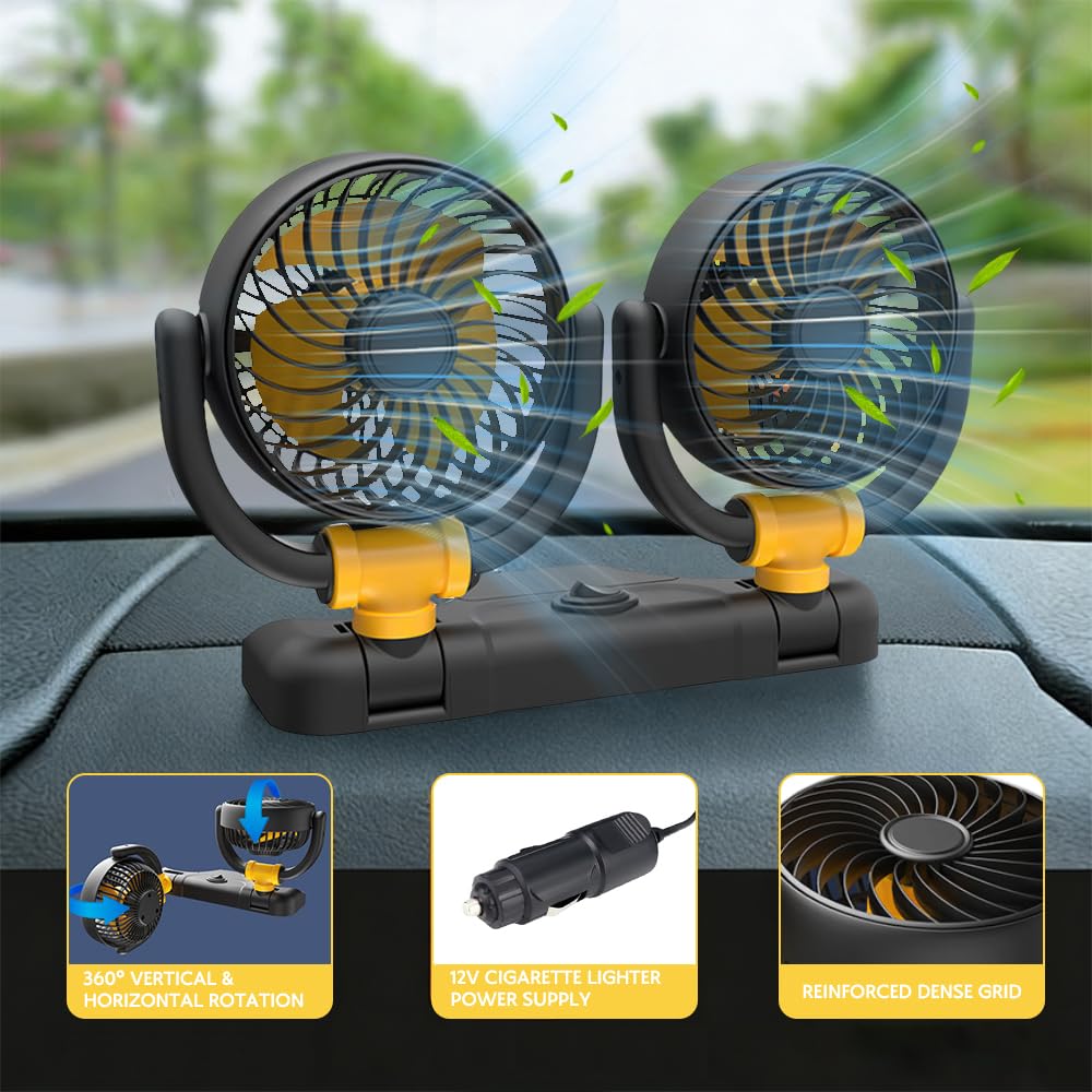 Ventilatore Auto, Ventilatore Auto Doppia Testa, 360° Ruotabile Ventola, 12 V Ventilatore da Auto con Presa Accendisigari, 2 Velocità per SUV RV ATV Camion Camper Auto Furgone Barca