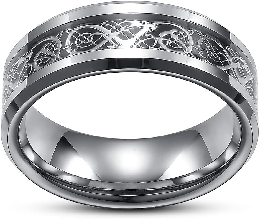 Men's Celtic Dragon Ring 8MM Silver/Black/Blue/Red/Gold Carbon Fiber Stainless Steel Wedding Band for Men Women Engagement Bands High Polished Beveled Edges Promise Rings Comfort Fit Size 5-13 - Image 4