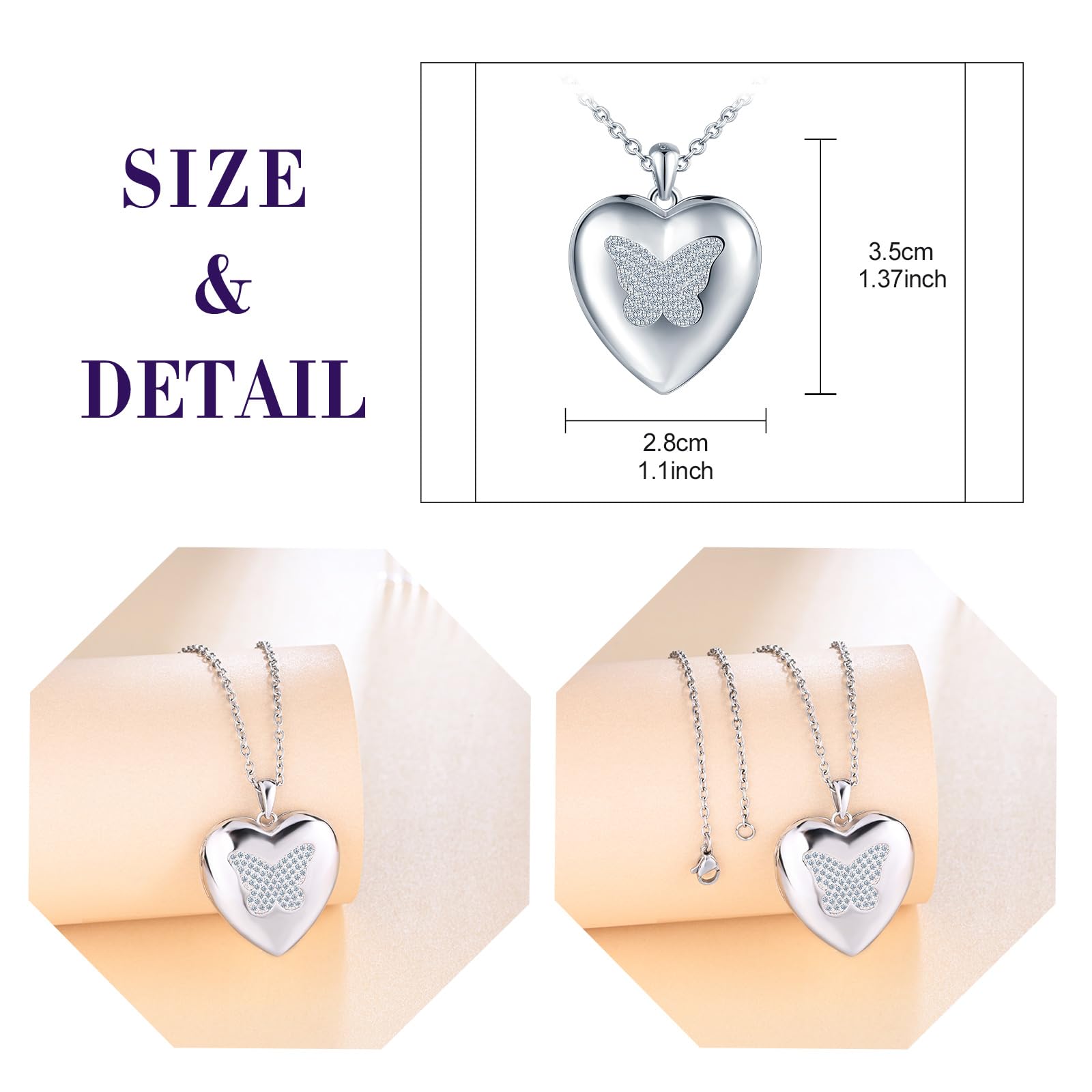 Collana da donna in argento Sterling 925 con ciondolo a forma di cuore e farfalla, con zirconi, apribile per foto