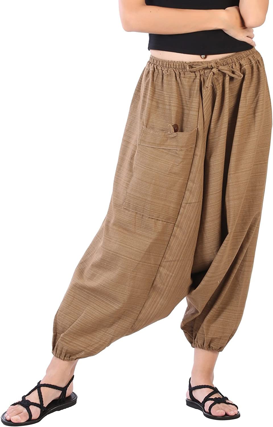 Whitewhale Mens Women Cotton Stripe Aladdin Loose Baggy Boho Hippie Harem Pants Beige