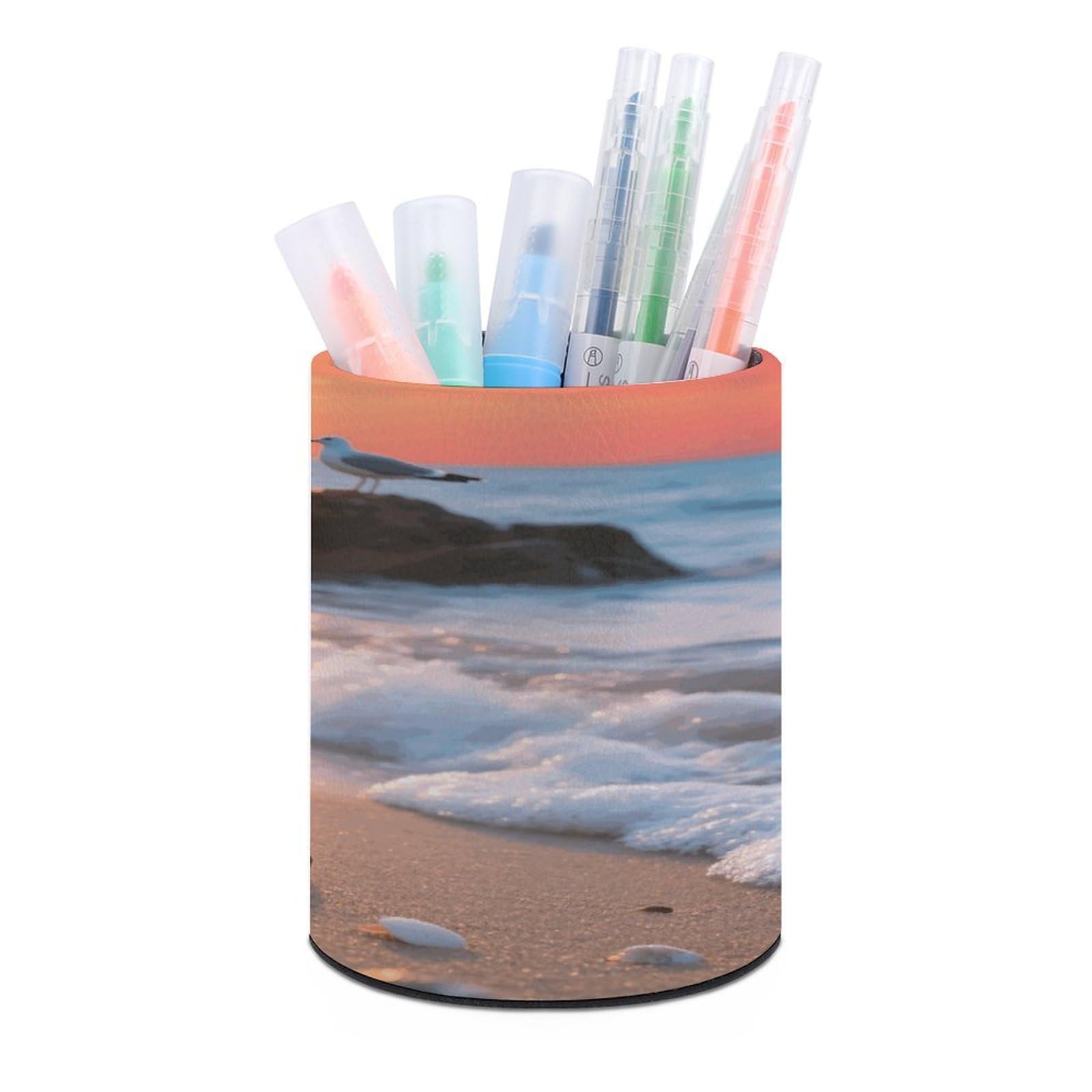 VstaDank Sea Beach Sunset Pen Holder Round Pencil Holder Cup Pen Container PU Leather Desk Organizer Stand Decorative Brush Scissor Holder Decoration Office Desk Home (3.1 x 3.9 inch)