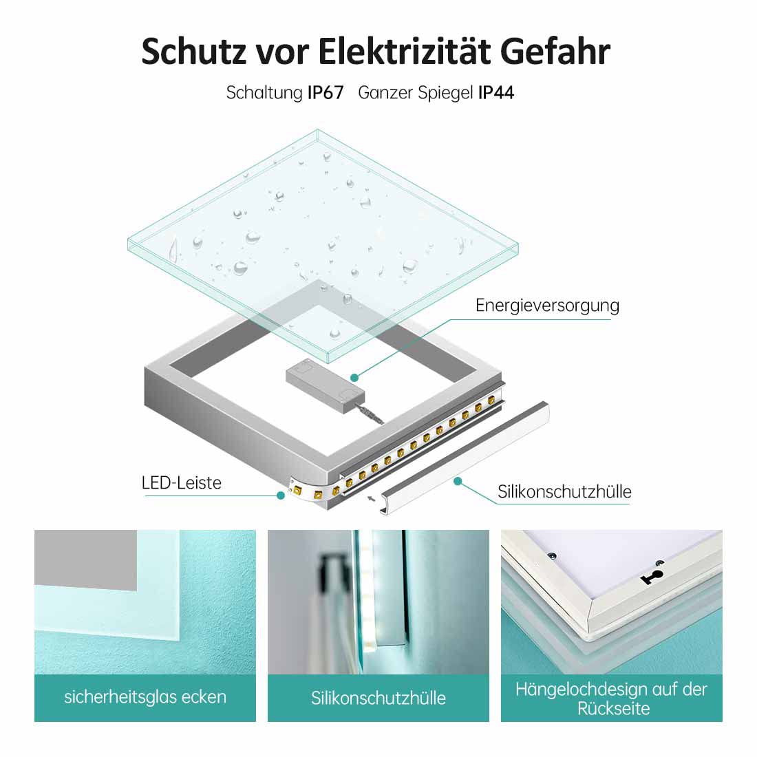 EMKE Lustro łazienkowe z oświetleniem LED, 80 x 60 cm, 3 barwy światła, zimna biel, neutralna biel, lustro łazienkowe z oświetleniem z włącznikiem dotykowym, powłoka przeciwmgielna, zegar, IP44