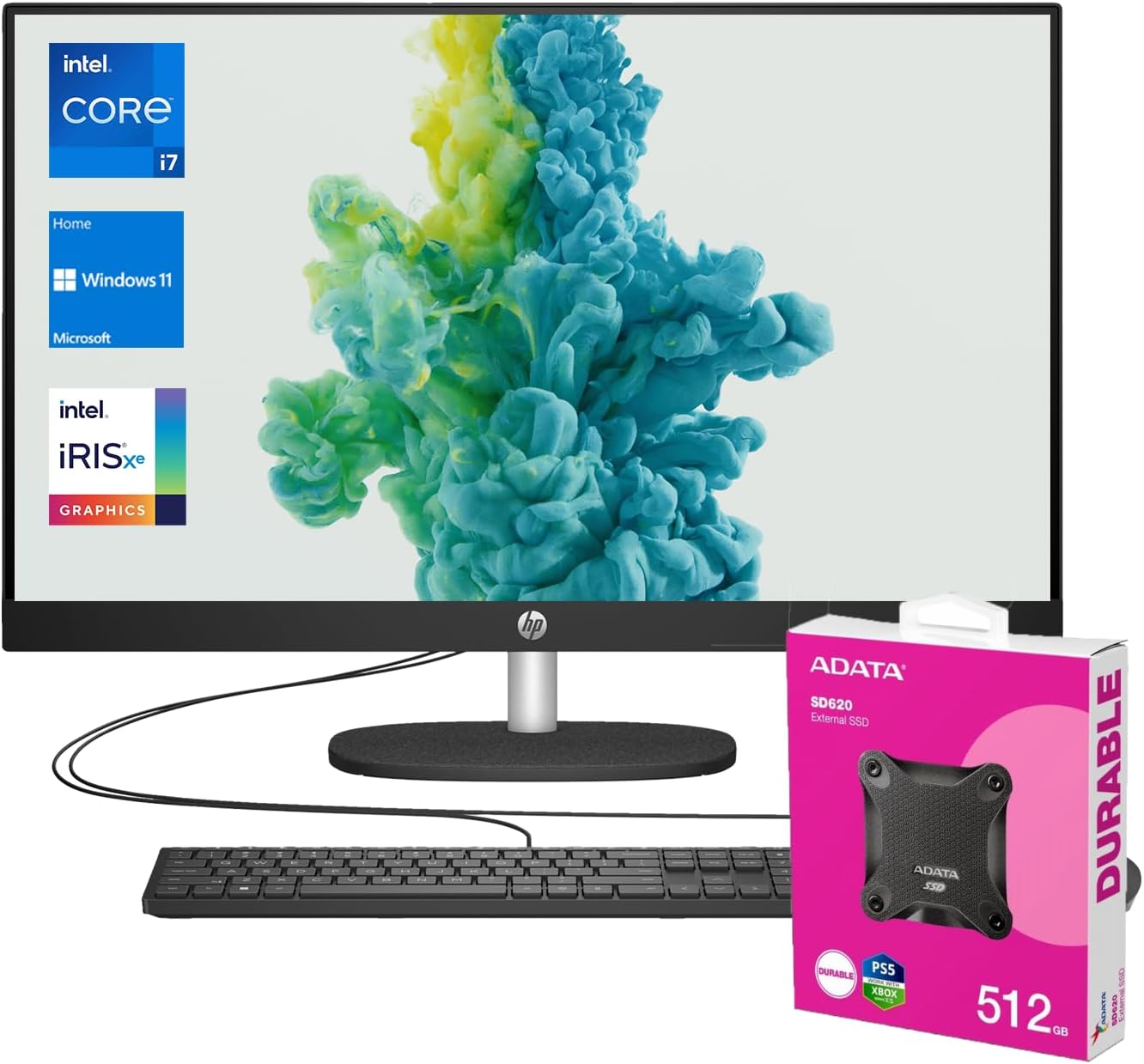 HP 27" 13th i7-1355U All in One Desktop Computer, FHD Display, 64GB RAM, 2TB SSD, IR Camera, RJ-45, Wi-Fi 6, Wired KB & Mouse, Windows 11 Home, Black, with Adata 512 External SSD Bundle