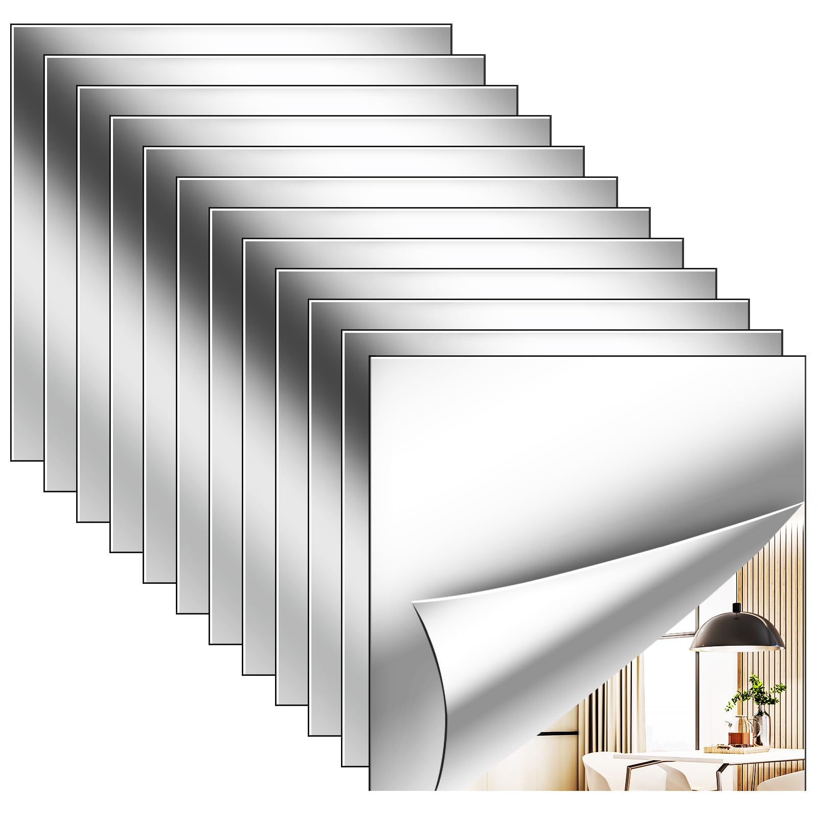 Photo 1 of 12 Pack Flexible Mirror Sheets 12x12 Inch Self Adhesive Non-Glass Mirror Tiles, Cuttable Shatterproof Acrylic Stickers, Safe Reflective Film for DIY Home Wall Decor Kitchen Bedroom