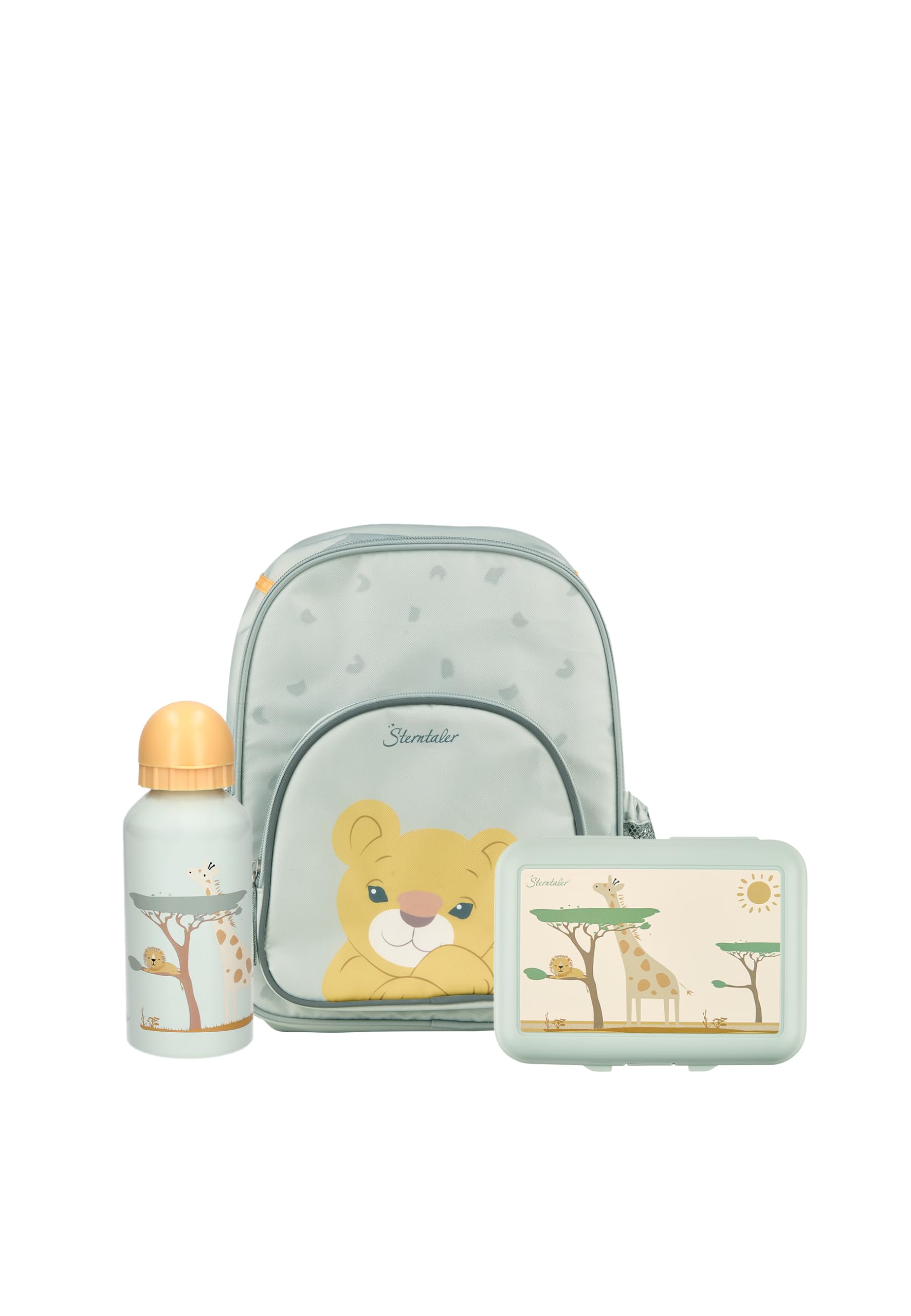 Sterntaler Kindergarten Set Löwe Leo – Unisex Multipack mit Löwen-Motiv – Enthält Kinderrucksack mit Kühlfunktion, Brotdose und Trinkflasche – Farbe Steingrau