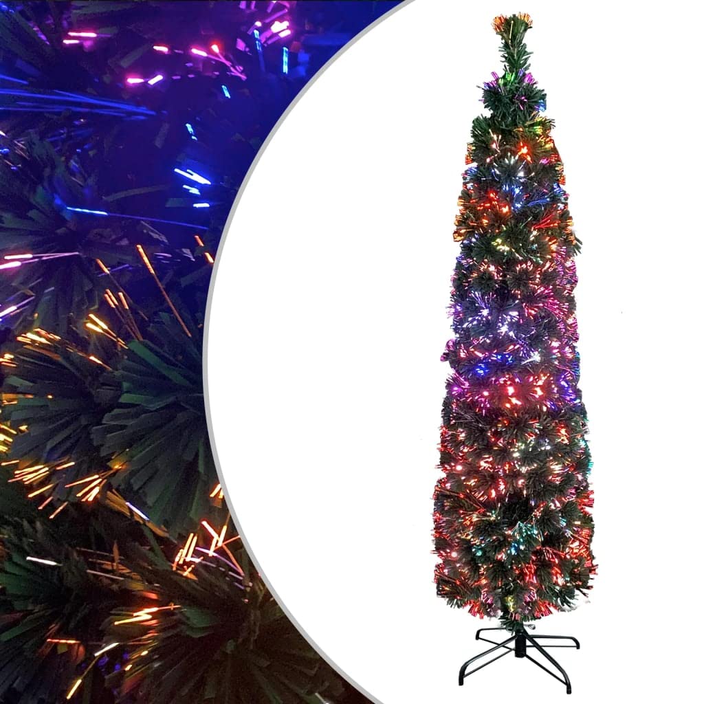 Künstlicher schlanker Weihnachtsbaum 240 cm mit Glasfaser-Lichtleitern und Ständer, mehrfarbige LED-Beleuchtung (Rot, Gelb, Grün, Blau, Lila), energieeffizient, wiederverwendbar
