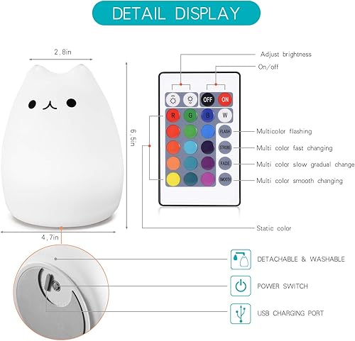 Miniatura 4 de WoneNice Linda Luz Nocturna de Silicona de Gatito con Control Remoto, Luces Nocturnas de Silicona Kawaii que Cambian de Color, Regalo para Mujeres,