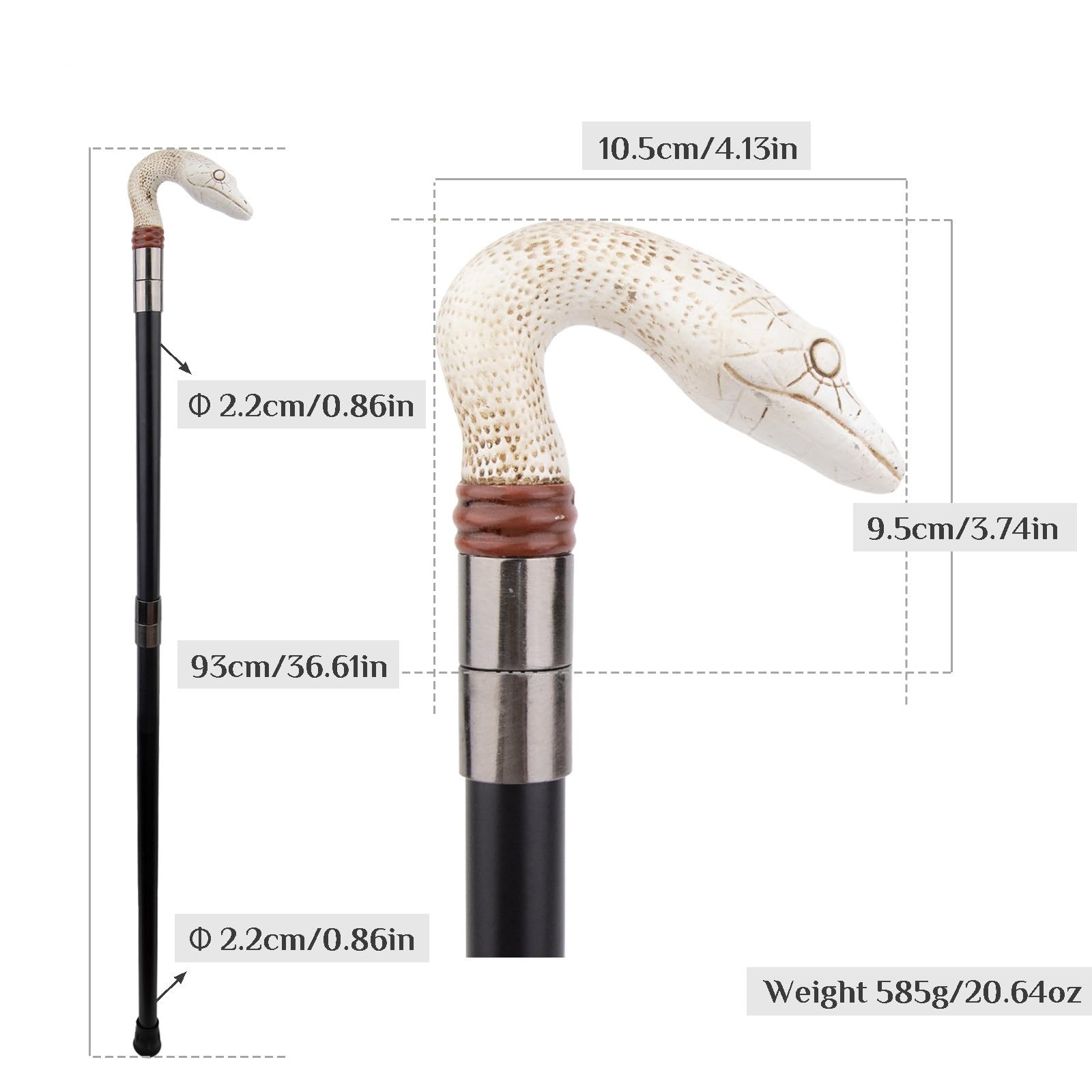 Bastón de Resina White Snake, Bastón de Lujo para Hombre y Mujer, Con Empuñadura Antideslizante Extraíble, Cospaly Vintage Party 93 Cm