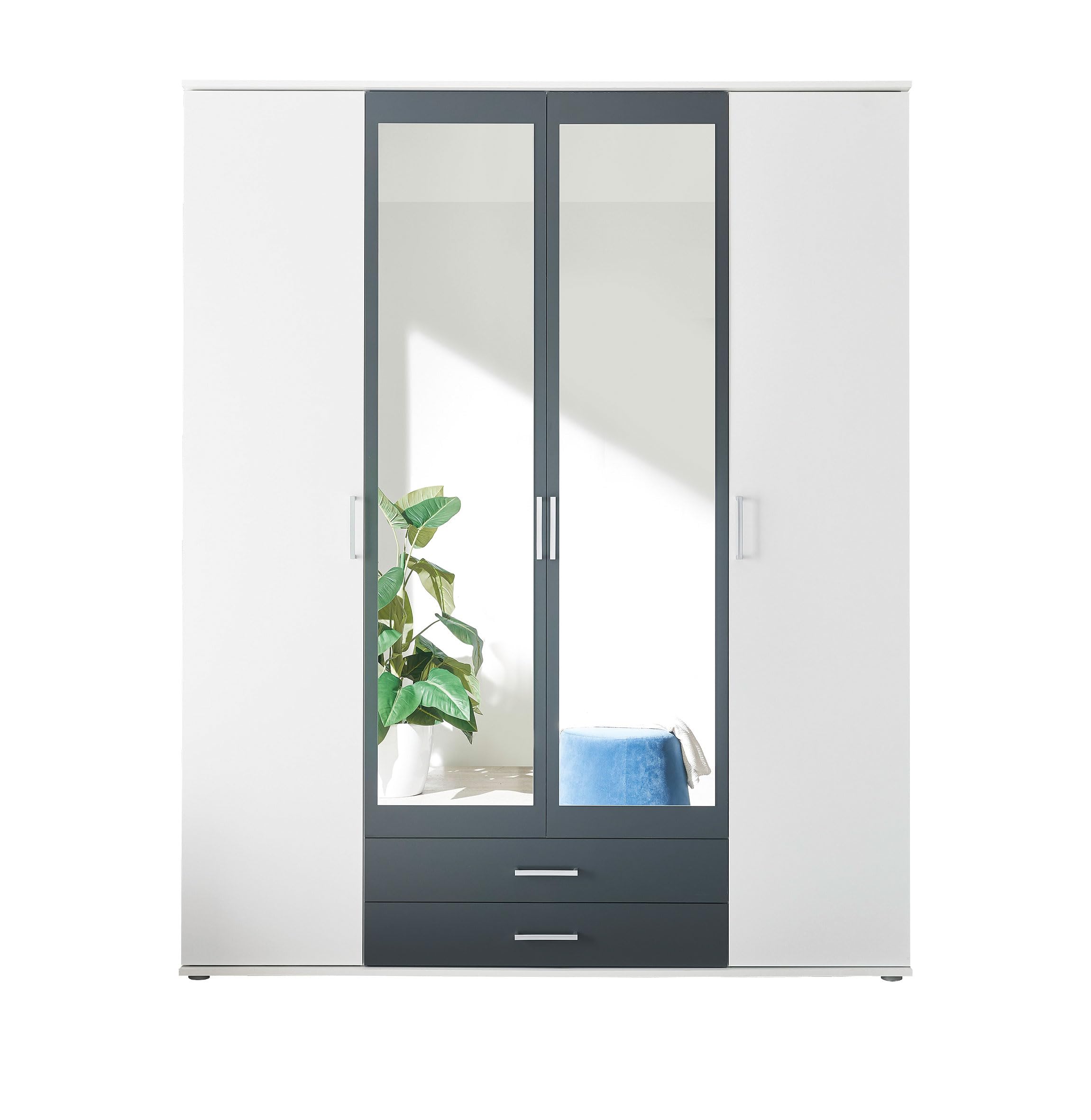AVANTI TRENDSTORE Hanu - Armadio in legno laminato a 2 ante a battente in legno, 2 ante con specchio e 2 cassetti. Disponibile nel colore bianco/grafite. Dimensioni LxAxP 160x196x54 cm