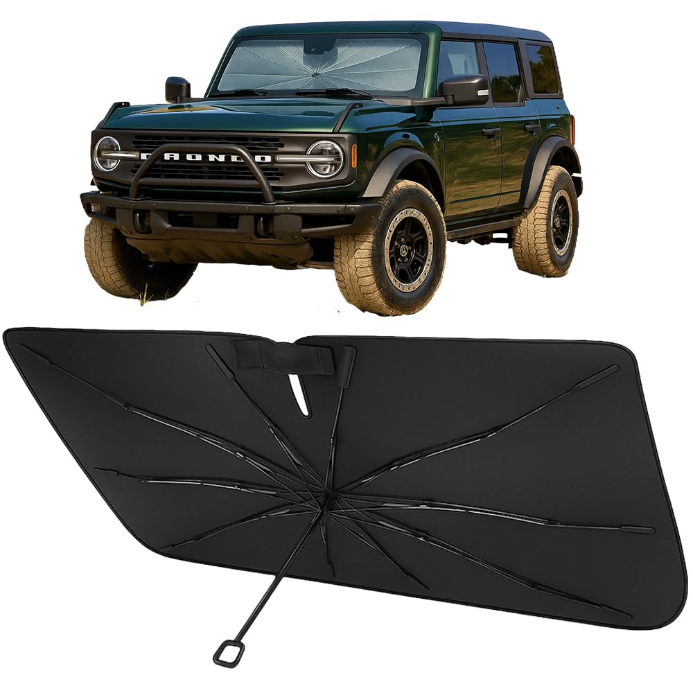 Proadsy Windshield Sun Shade Umbrella for Ford Bronco 2/4 Door 2021-2025 2026 Foldable Car Umbrella Sunshade with Soft TPU Handle Spring Structure Crystal Cooling Material Protect Car from Rays & Heat