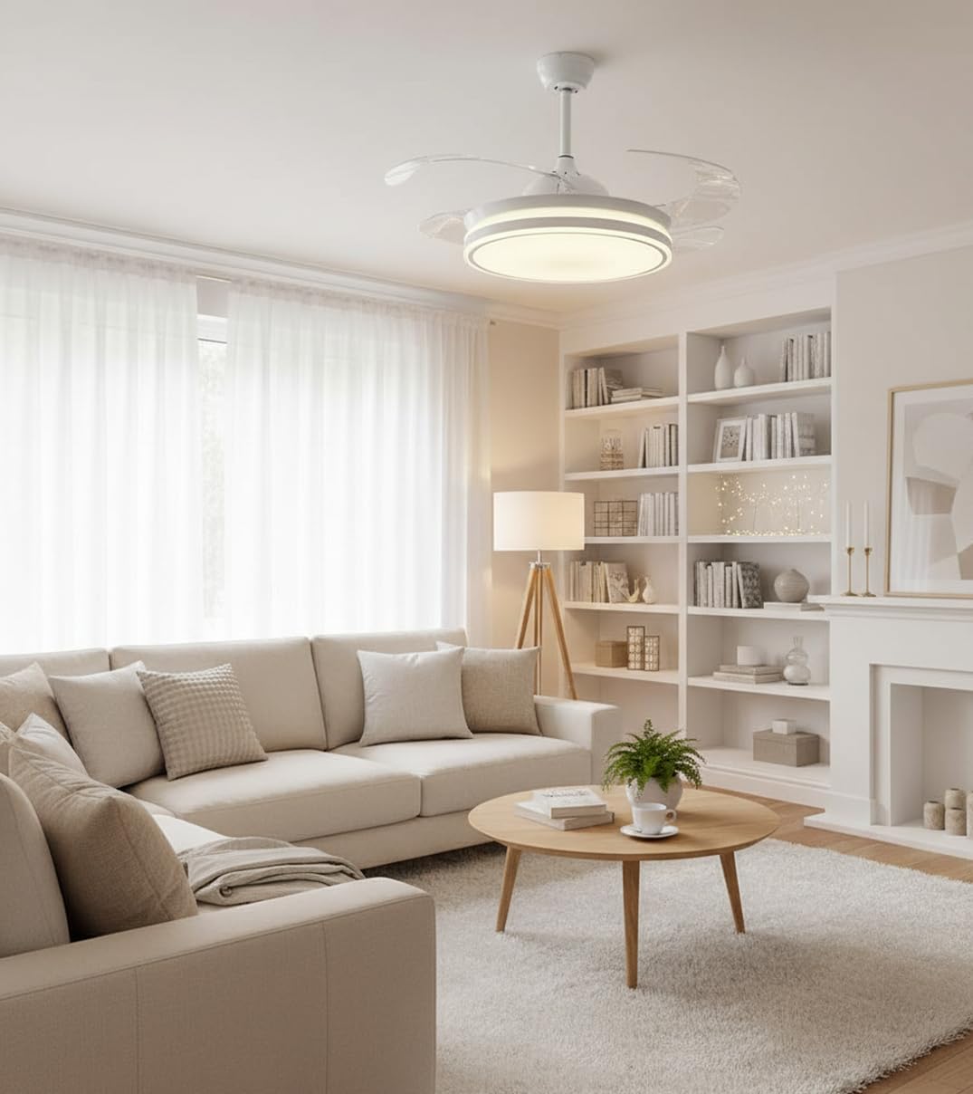 BEL AIR HOME Ventilatore da soffitto ASGARD motore DC silenzioso, pale trasparenti 108 cm, luce LED 36 W 3 temperature, telecomando, modalità inverno, bianco