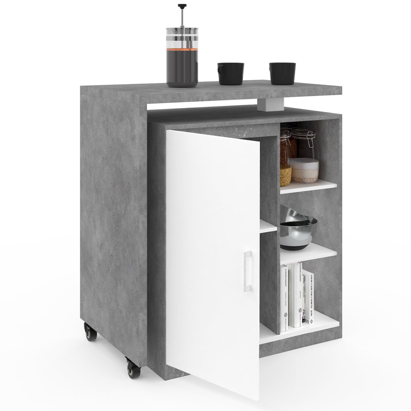 IDMarket - Ilot Rotatif Polo Meuble de Bar pivotant 2 en 1 Imitation béton Porte Blanche