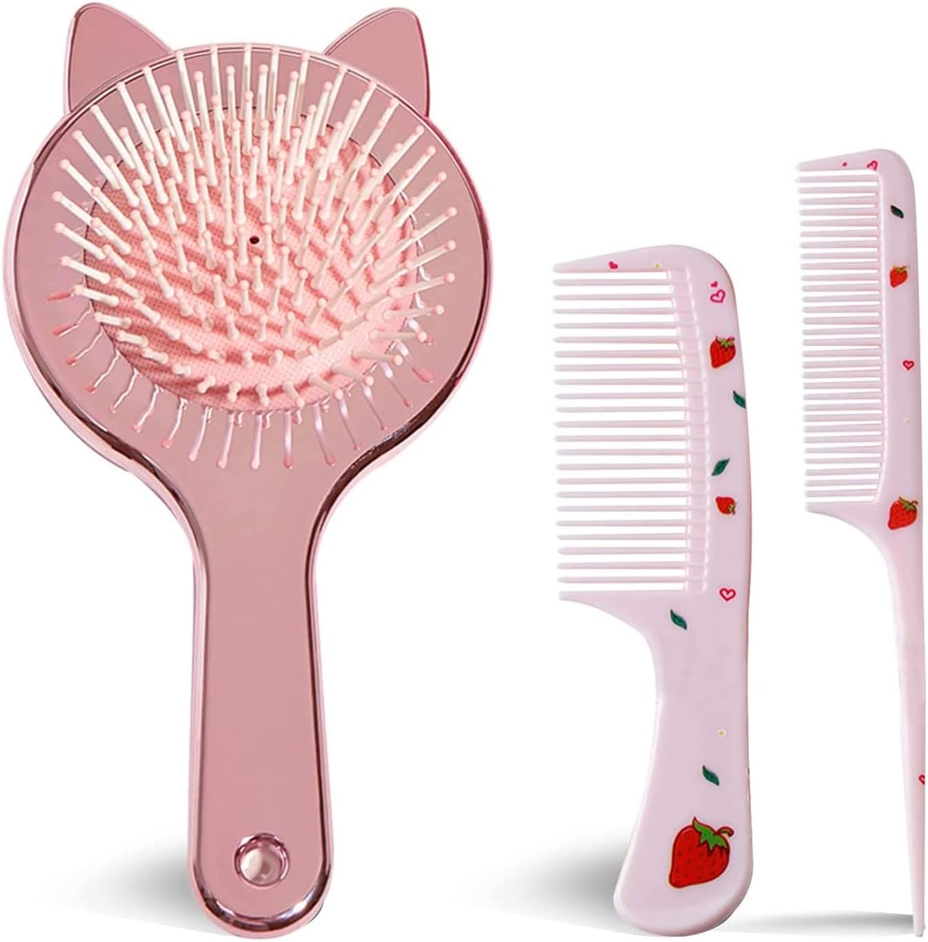 Girls Detangle Hair Brush Set, Detangler Brush and Comb Set for Girls Wet Dry Hair, Cute Shiny Airbag Massage Comb, 3pcs (Rose Gold)