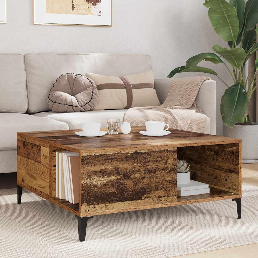 Stolik kawowy ze starego drewna 80 x 80 cm, stolik kawowy z materiału drewnopochodnego, stół 80 x 80 x 36,5 cm ze stalowymi nogami i praktycznymi półkami, do salonu, wzornictwo przemysłowe