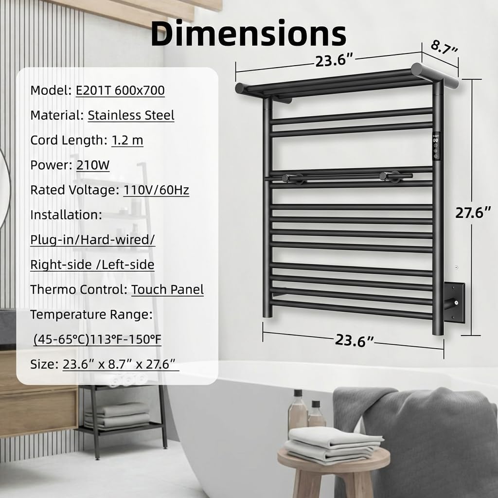 E201T Heated Towel Rack with Top Shelf, Wall Mounted Towel Warmer