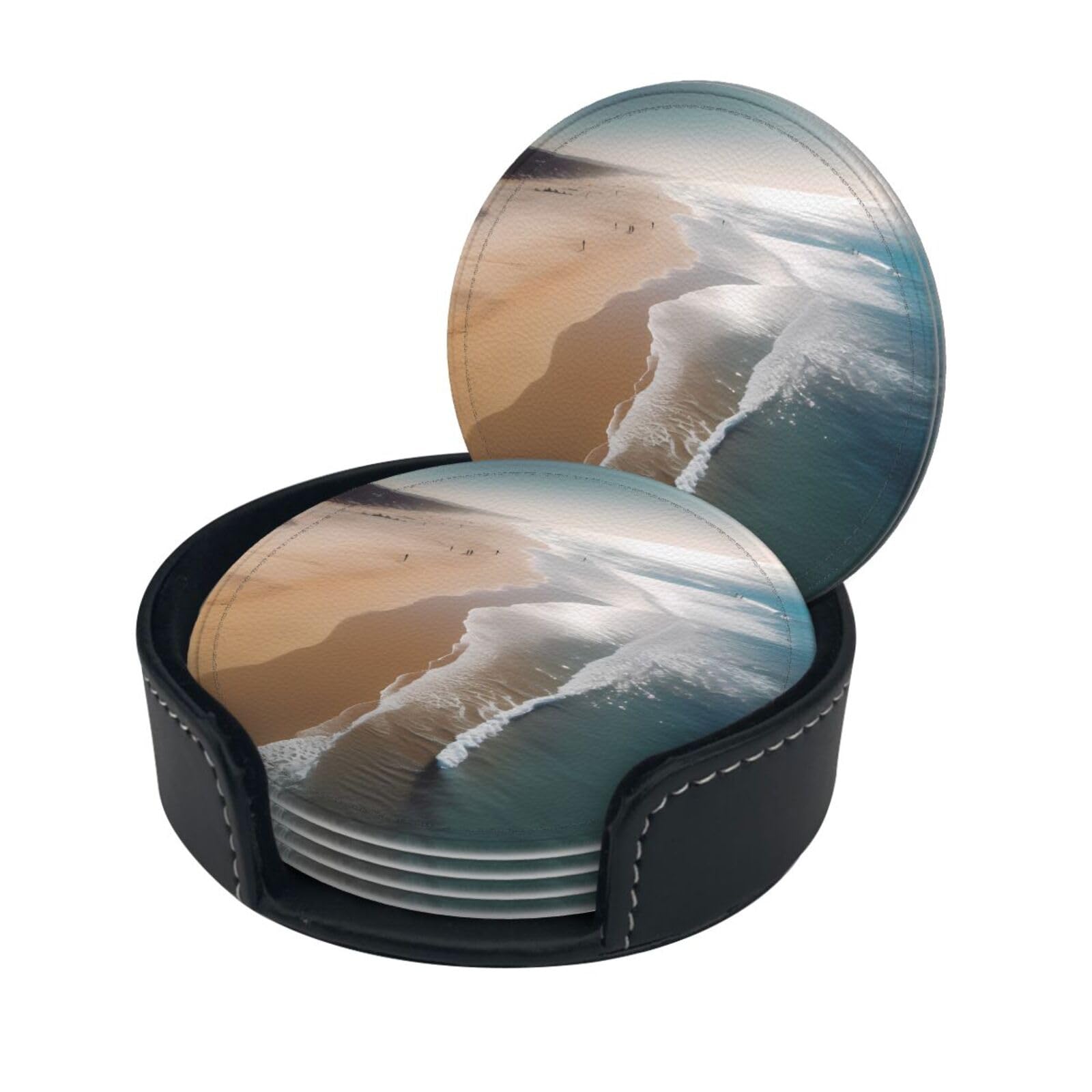Beach Print Coaster,Round Leather Coasters with Storage Box for Wine Mugs,Cold Drinks and Cups Tabletop Protection (6 Piece)