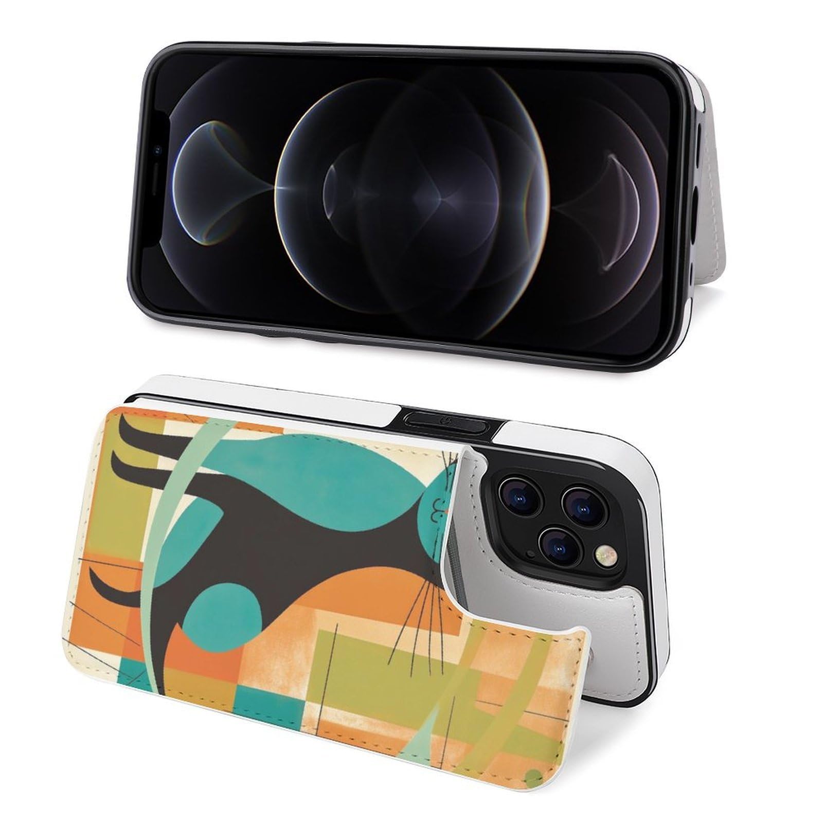 Fundas tipo cartera para iPhone 12 Pro Max, diseño de gato moderno de mediados de siglo, funda de piel con ranuras para tarjetas