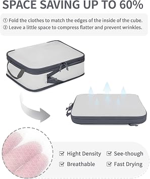 ECOHUB 6pcs Compression Packing Cubes Set for Backpack Suitcases, Expandable Travel Organiser with Shoes Bag, Ultra-resistant Packing Organiser for Carry On Luggage, Grey (Patent Pending)