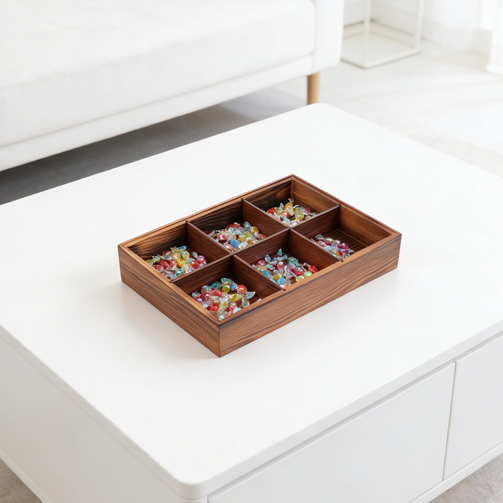 Plateau Compartimenté en Bois avec Couvercle, 6 Sections Marron | Acrylique Transparent, Service Polyvalent pour Restaurants et Événements Extérieurs, Rangement Snacks et Bonbons