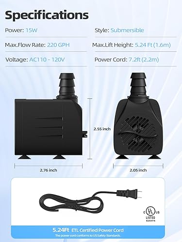 Miniatura 2 de Bomba de agua sumergible de 220 GPH (900 LH, 10 W), bomba de fuente duradera para exteriores con tubo de 4.9 pies para acuarios, pecera, fuente de
