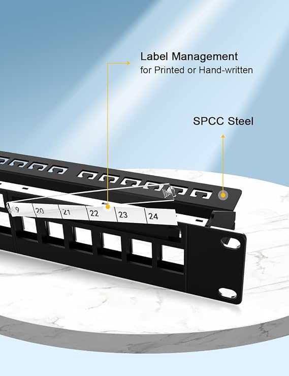 24Port Blank Keystone Patch Panel 1U 19 for Rackmount & Wall Mount STP&UTP with Cable Support Bar