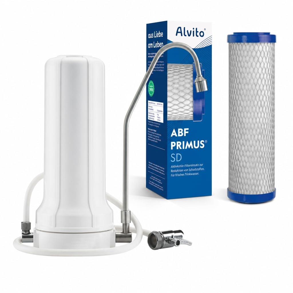 Alvito Auftischfilter Set Pure Pro - Wasserfilter mit ABF Primus SD | Trinkwasserfilter inklusive Anschluss für Wasserwirbler, einfache Montage am Wasserhahn zur Schadstofffilterung
