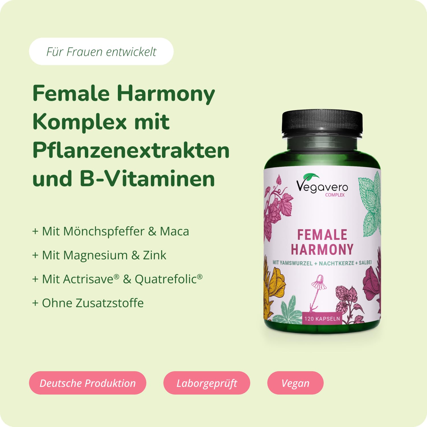 Wechseljahre Vegavero | Meno Balance für Menopause | wildyamswurzel, Nachtkerze, Hopfen, Salbei, Kamille | 100% Natürlich & Hormonfrei | Vegan