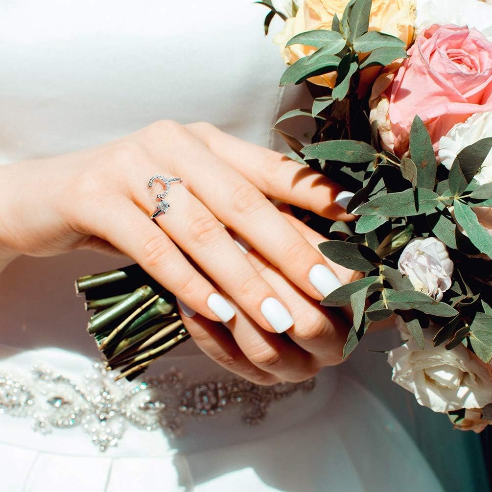 HUJUON Silver Initial Letter Ring for Women. Adjustable Crystal Alphabet Ring,Name Initials Stackable Knuckle Rings A-Z CZ Open Ring - Image 2