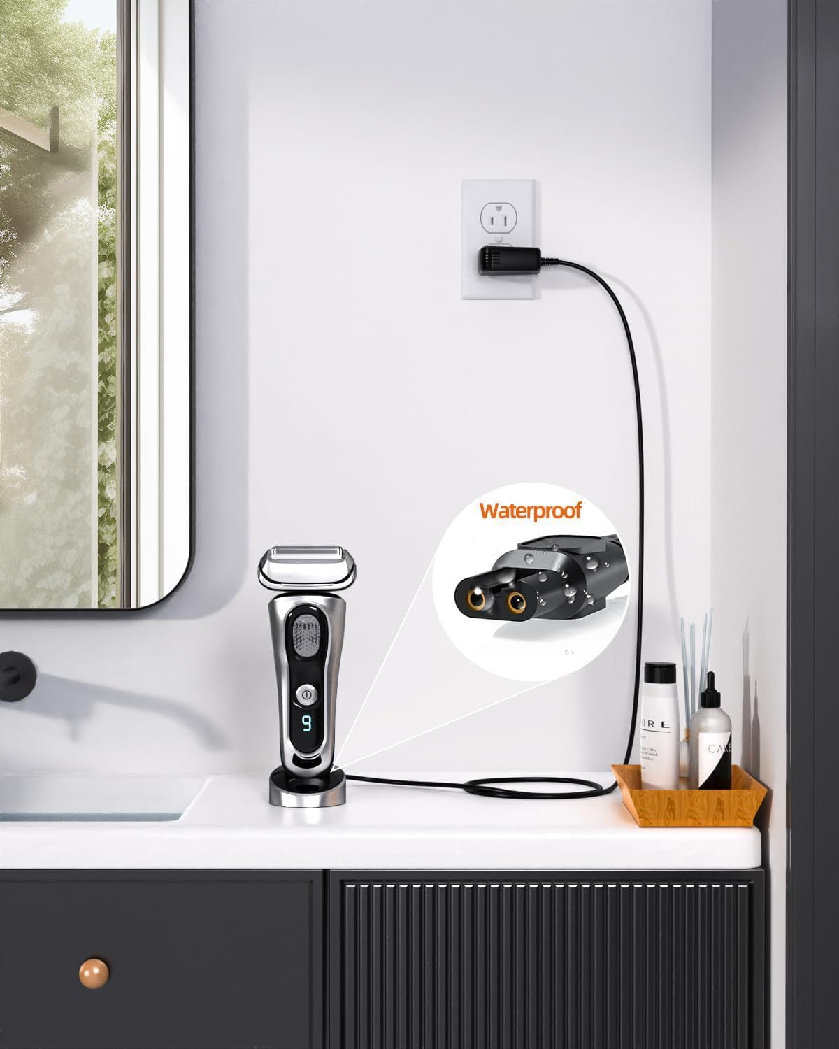 A Philips shaver connected to the YBQZJSLY 15V power adapter, which is plugged into a wall outlet in a bathroom setting.
