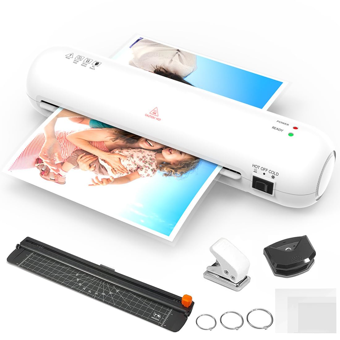 Laminator A4, biurkowy laminator na gorąco i zimno z obcinaczem do papieru, frezem, dziurkaczem, 3-minutowym nagrzewaniem, prędkość 340 mm/min, mały laminator