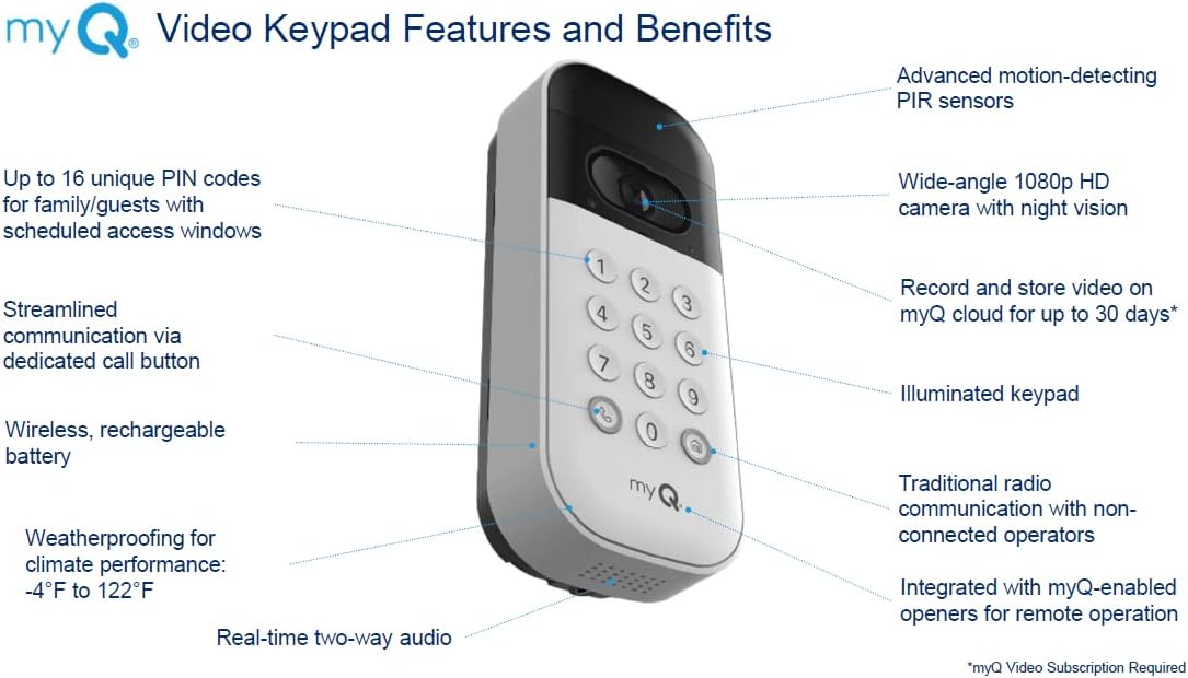 Liftmaster VKP1-LM MyQ Video Keypad with Camera, WiFi, and Smartphone Control. A Smart Garage keypad for Your Smart Home. Works with Chamberlain, LiftMaster, and Craftsman openers.