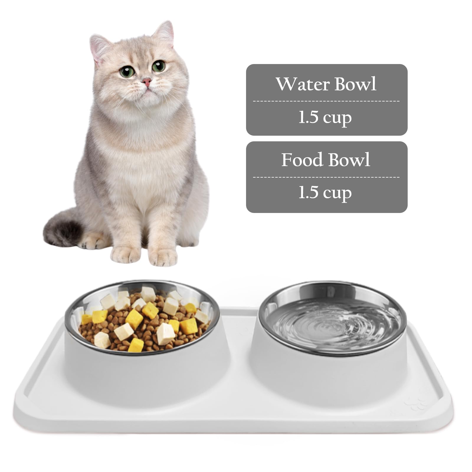 Gamelles pour chat pour nourriture et eau, double gamelles amovibles en acier inoxydable de qualité supérieure avec fond antidérapant et support surélevé pour animaux de compagnie et petits