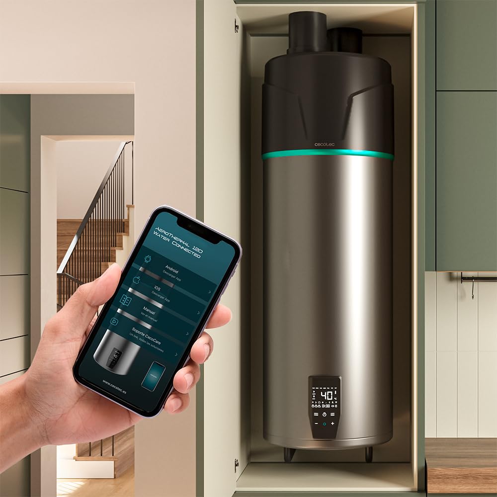 Cecotec Thermo avec Aerotermie de 120L, Chauffe-eau AeroThermal 120 Water Connected. Énergie Sostenible, Bas Consommation, Écran Tactile, Contrôle par APP, R290, Température jusqu’à 75ºC