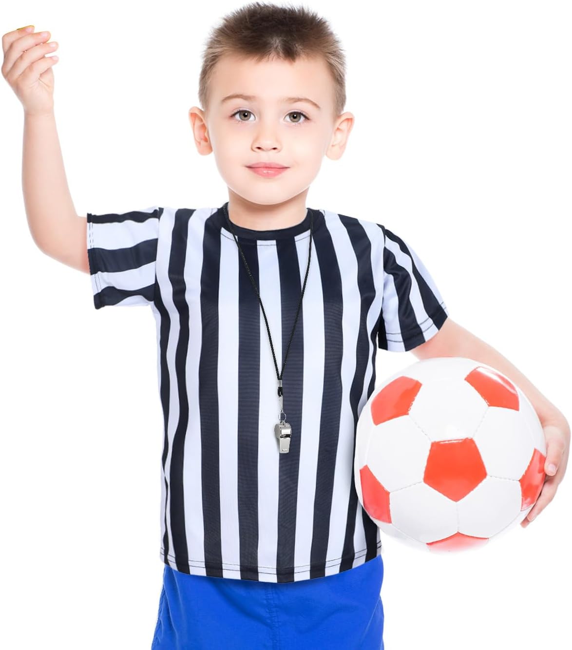 Funtery 3 Pcs Children's Referee Shirt Costume Black and White Stripe Umpire Jersey Whistle Yellow Penalty Flag for Halloween - Image 5