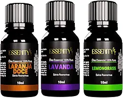 Kit Energia e Vitalidade 100% Puro - 3 Óleos Essenciais Lavanda, Lemongrass, Laranja Doce - Alívio do Stress, Relaxamento Profundo, Revigoramento Mental, Essência 100% Pura para Difusor, Massagem e Aromaterapia - Sinergia Terapêutica, Vegano, Cruelty-Free - ESSENITY