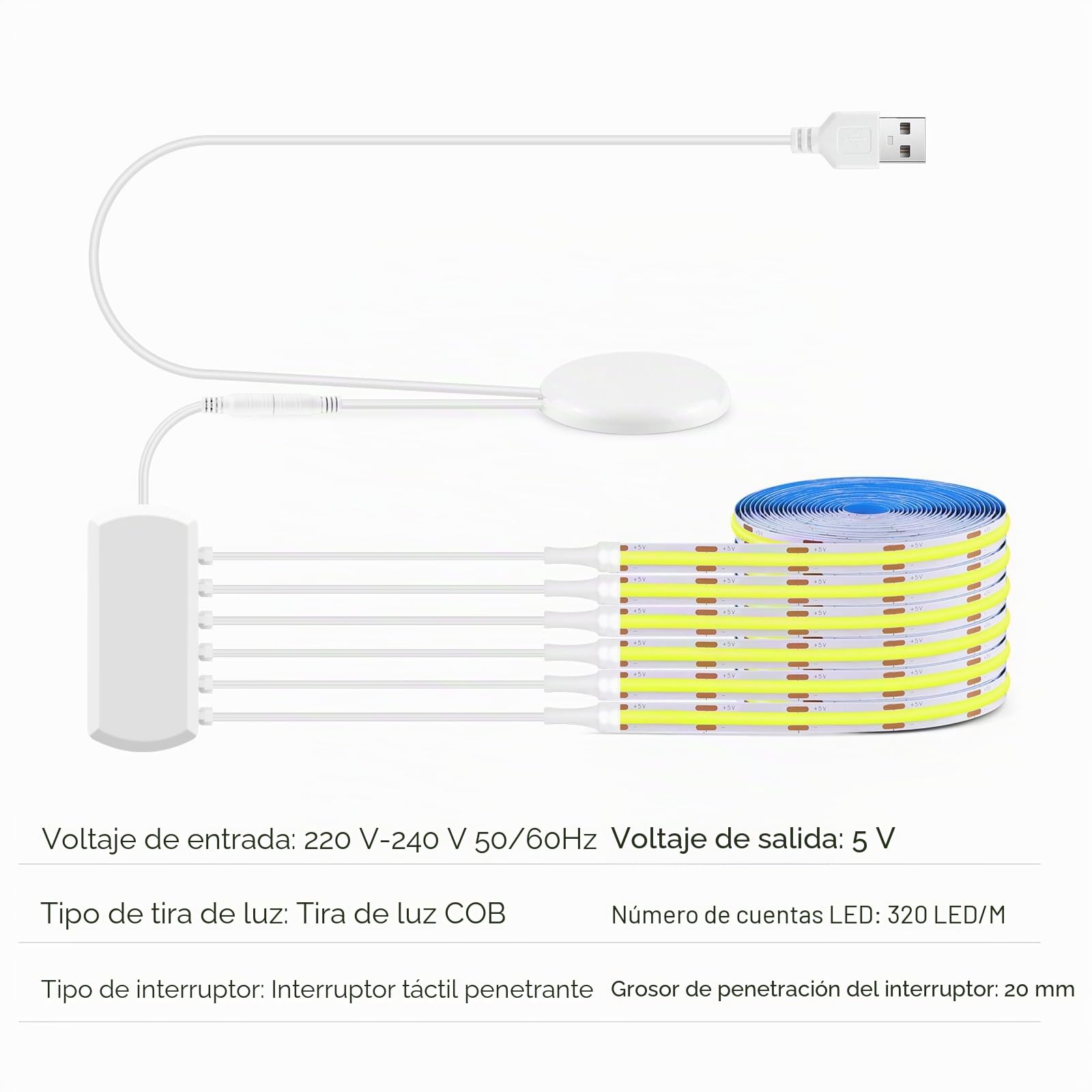 LRGBST 5V USB Blanco COB tira led, 6 piezas 2M COB tiras led conjunto con medidor táctil de madera penetrante para la iluminación de la vitrina del gabinete