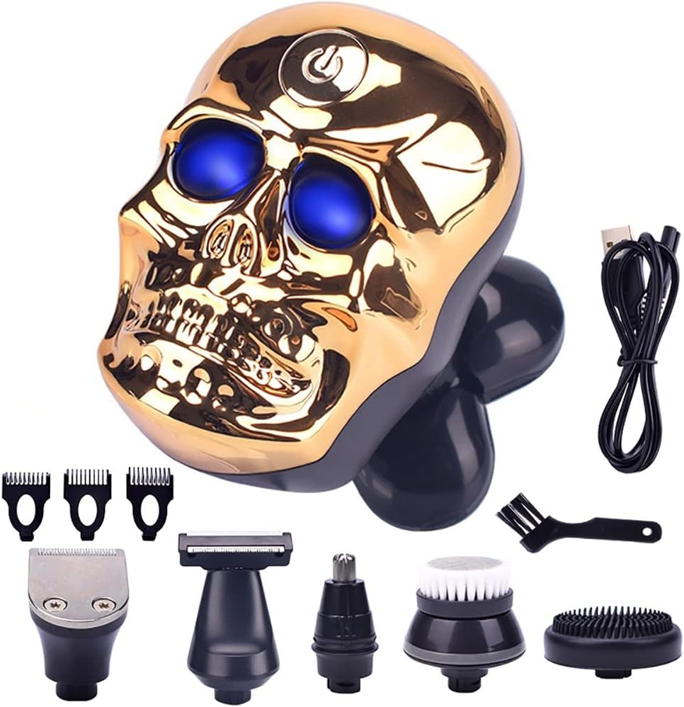 Head Shavers for Bald Men, 6in1 Electric Shavers for Men Skull Shaver Razor 5 blades USB Rechargeable Men's Shaver Barber Beard Trimmer Razors Shaving Machine (Color : Gold)