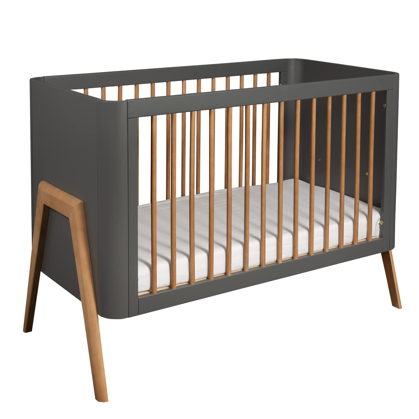 Torsten Baby Cot - Scandinavian Wooden Crib made with Natural Solid Birch Wood - Scandi Nursery Furniture with 3 Positions to grow with your Baby Safely - Mattress sold separately - Grey/Teak