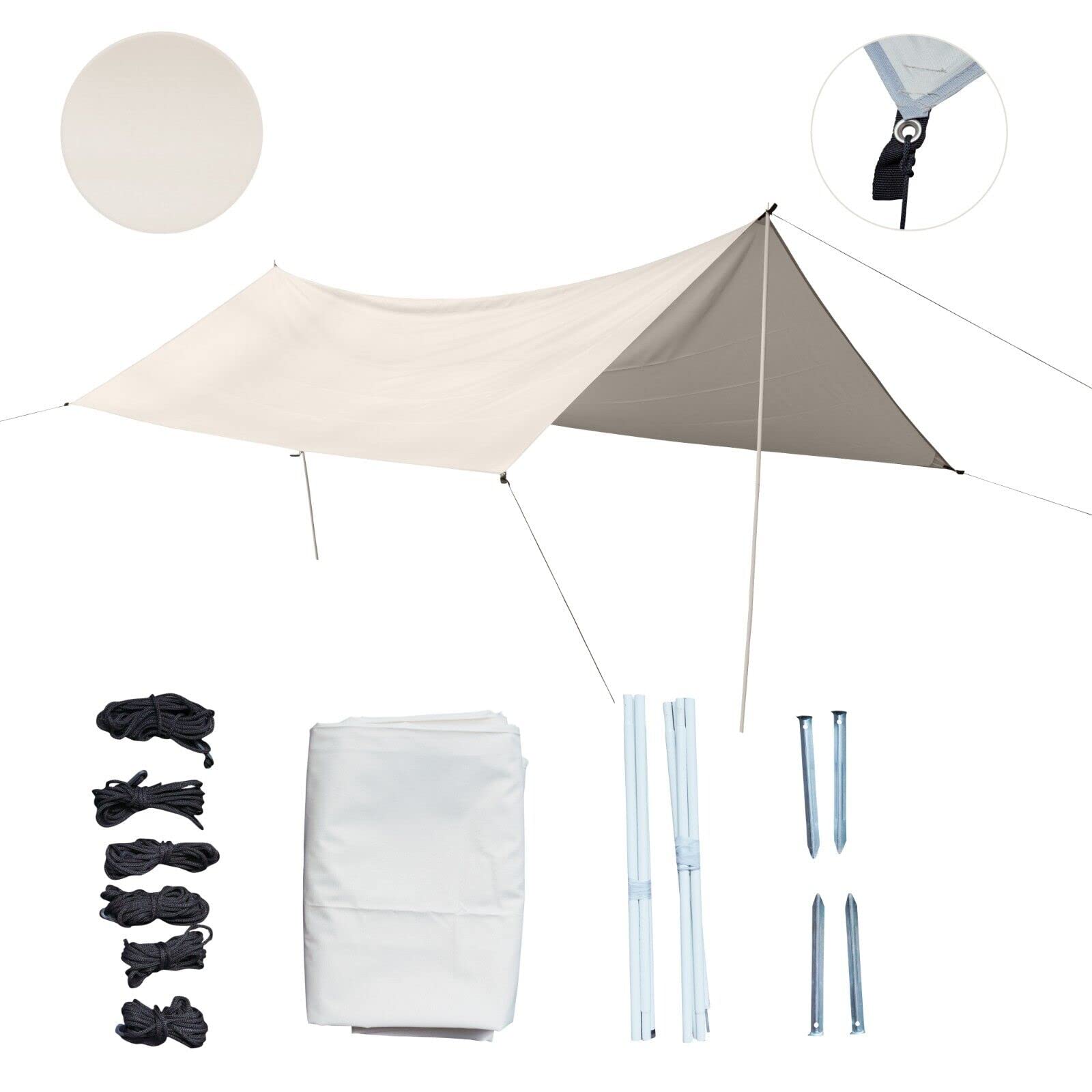 Defacto Sonnensegel Rechteckig 3x4m UV-Schutz & Wetterschutz Sonnenschutz Set inkl. Befestigungsseile mit 2 Stangen, für Balkon, Terrasse, Camping, Polyester | Beige