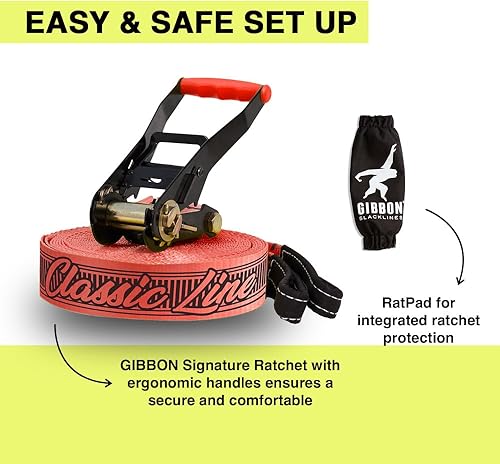 Miniatura 6 de Gibbon Slacklines Classic Line mit Treewear, Gelb, 49.2 ft (41.0 ft de banda + 8.2 ft de banda de ratschenband), inklusive Ratschenschutz,