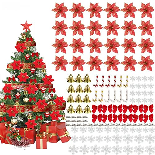 Wanxida 120 PCS Ornamento di Albero di Natale, Decorazione di Albero di Natale con Fiori di Natale Artificiali Glitterati Fiocchi Campana Fiocchi Neve Piccole Stampelle Clip per Decorazioni Natalizie