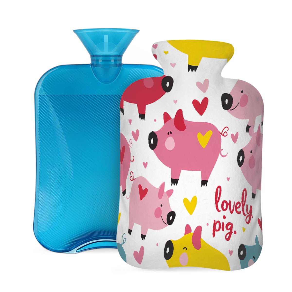 Colorful Cute Pig Piggy Hot Water Bottle with Cover, 2L PVC Hot Water Bag for Pain Relief, Feet, Back, Warmth