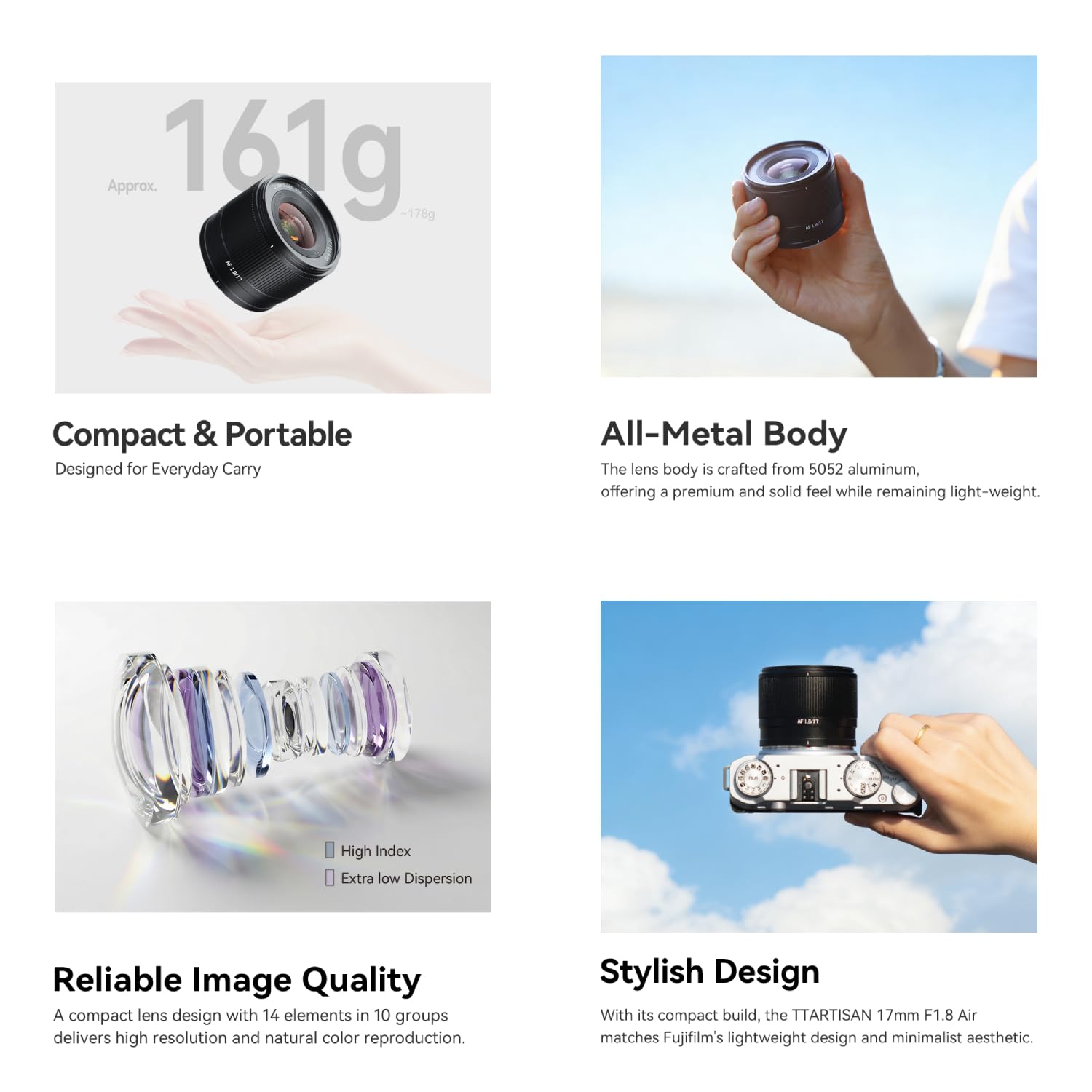 TTARTISAN AF 17 mm F1.8 Air per FX-Mount | equivalente 25 mm | grandangolo F1.8 | design in alluminio ultra leggero | ideale per fotocamere X-Series X-A1 X-A10 X-H1 X-T1 XS10