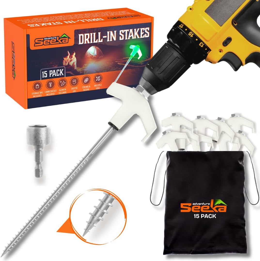 15 Pack - Super Heavy Duty Threaded Tent Stakes - Screw Style Glow-in-The-Dark Ground Anchor Pegs - Hex Head Driver and Convenient Storage Bag Included