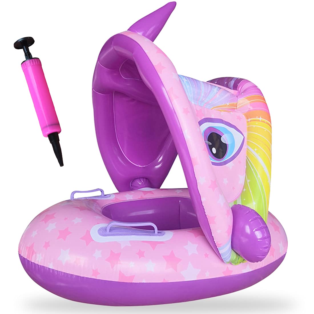 Miotlsy Flotador de Natación para Bebés Unicornio Anillo de Natación Bebé, Piscina Inflable de Piscina Nadar Anillo Barco Niños Flotador Hinchable con Toldo Ajustable para Niños de 6 a 30 Meses