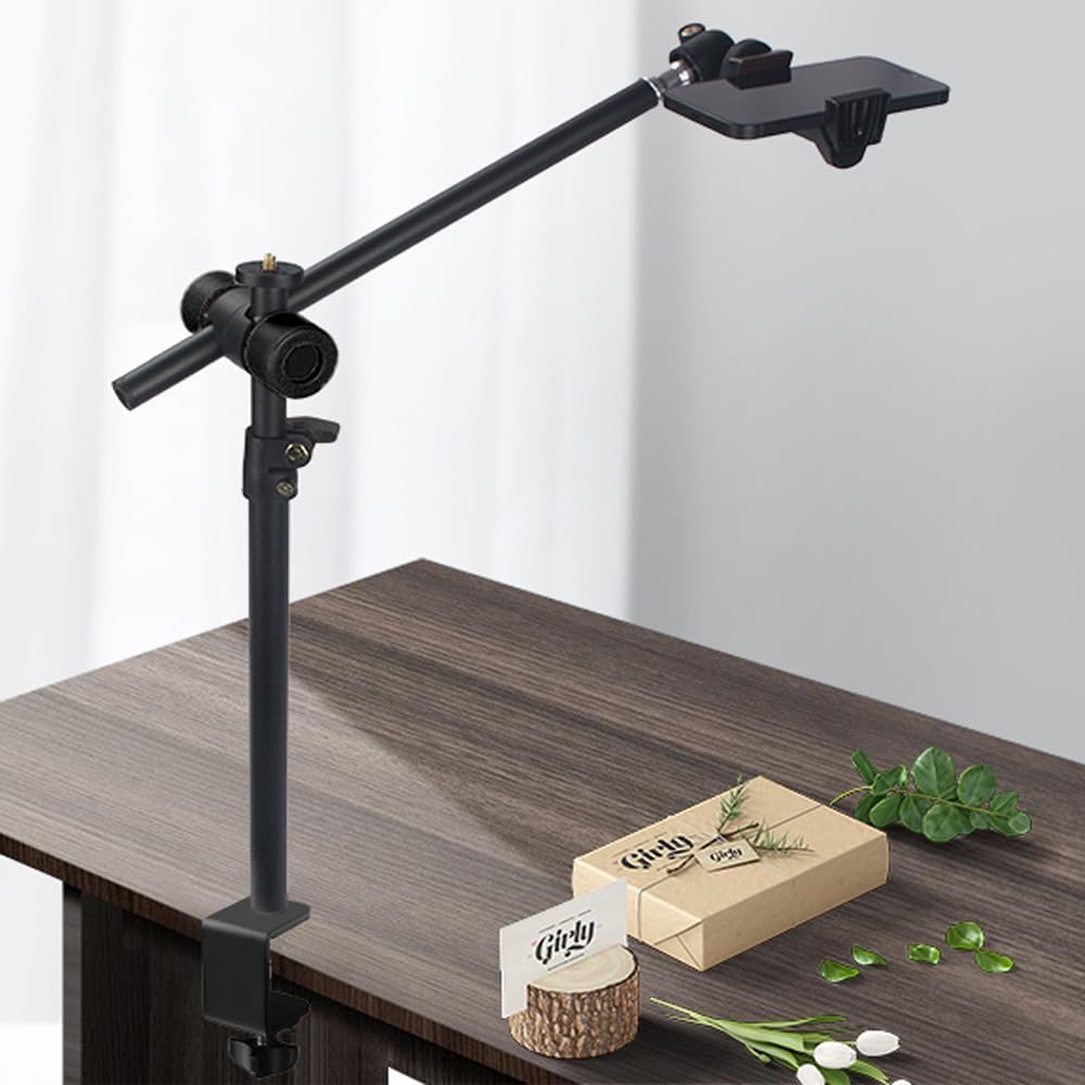 OS01 Supporto Fotocamera da Tavolo con Braccio Estensione Telescopico, Regolabile, Morsetto Per Telefono, Testa A Sfera, Supporto Da Tavolo Per Fotocamera, Telefono, Luce Anulare