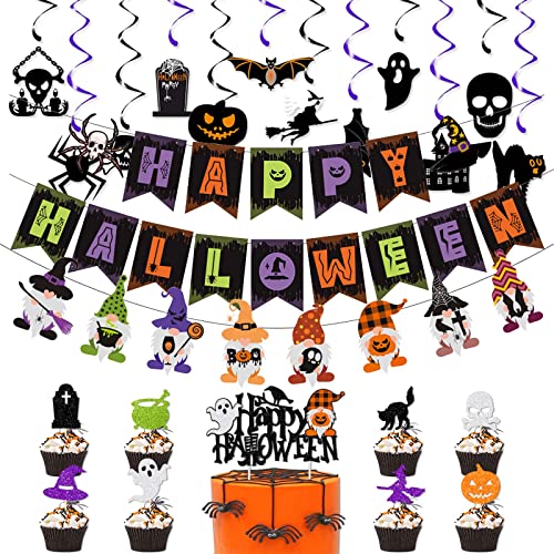 Kit de décoration de fête d'Halloween,12 tourbillons à suspendre, bannière de nains d'Halloween, 9 décorations de cupcakes d'Halloween pour fête sur le thème d'Halloween d'intérieur et d'extérieur Cover