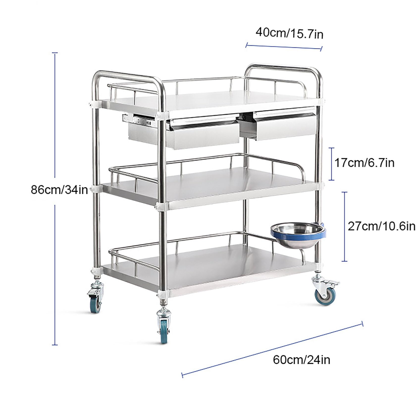 Trolley aus Edelstahl mit 3 Ebenen, Organizer mit 4 Rädern, mit zwei Schubladen für Lehrer, größerer Laborwagen für Küche, Restaurant, Labor und Zuhause